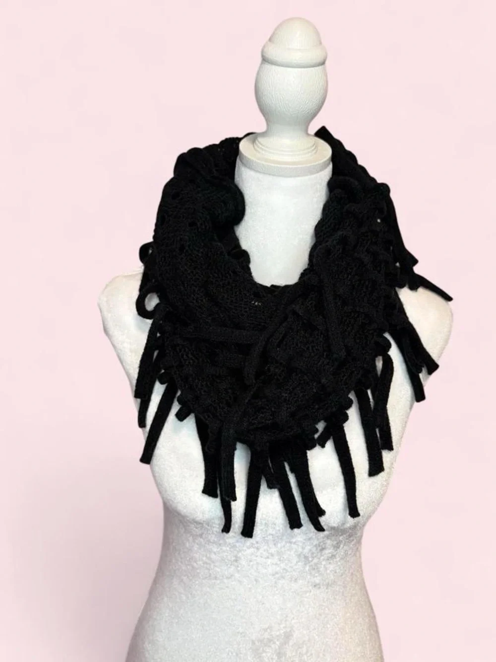 Black Crocheted Fringe One-Shoulder Shawl